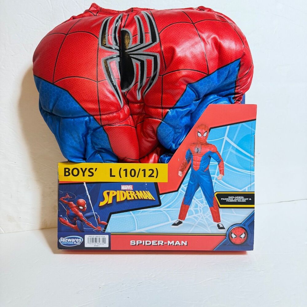 Marvel Spider-Man Boys Costume Size L 10/12 Padded Jumpsuit Mask NEW Jazwares